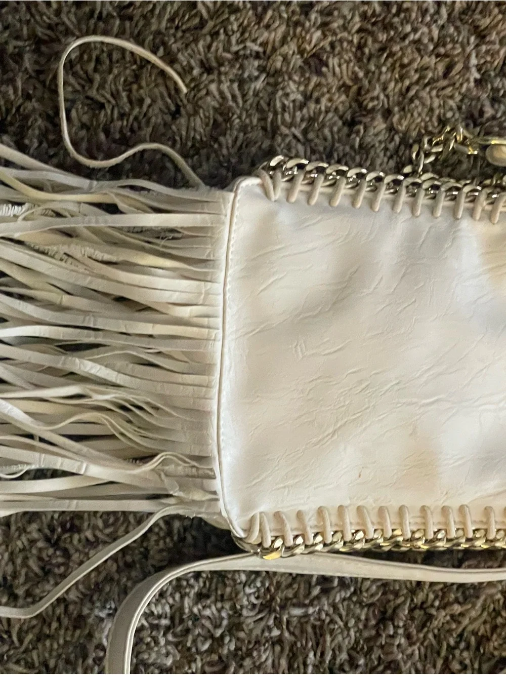 Off White Fringe Crossbody Bag with Chain Detail
